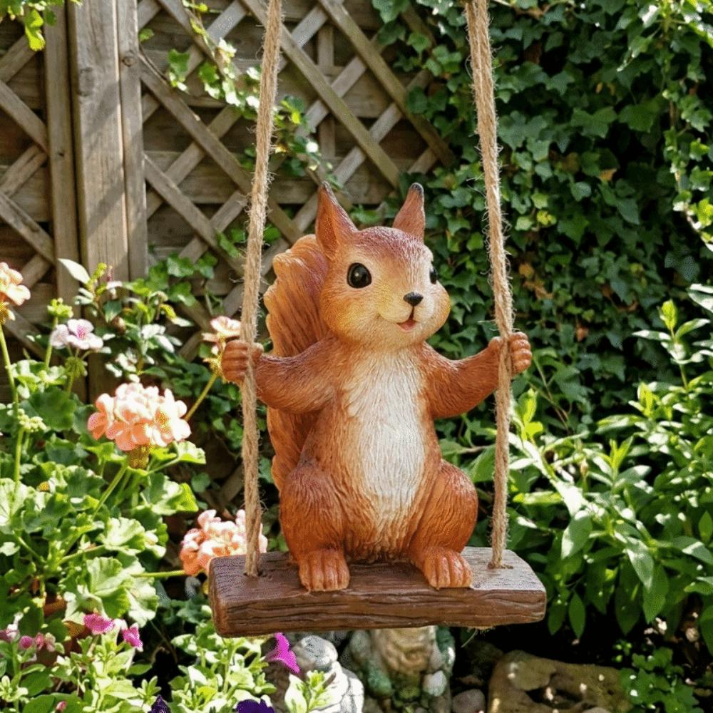 Resin Squirrel On Swing Weatherproof Squirrel Figurine Garden Decoration Indoor