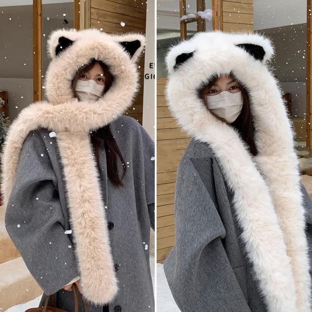 Plush Cap Scarf Integrated Ear Protection Plush Fox Ear Hat Beanie Hat Scarf Windproof Thickening Hooded Scarf Neck Warmer