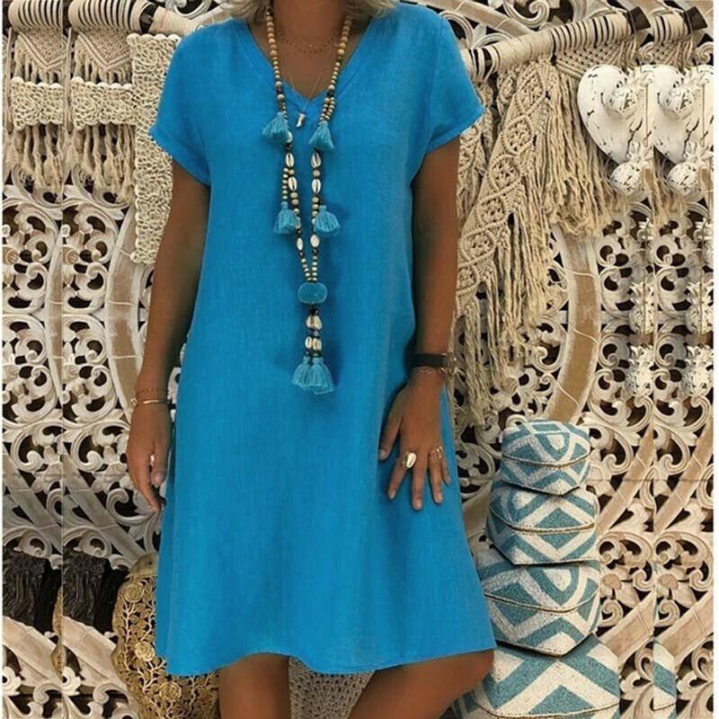 

Летний короткий женский рукав Топы V-образный вырез Женский мешковатый футболка Платье Размер плюс 4XL светло-синий