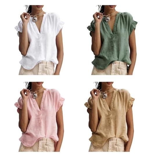 Women Shirt V Neck Ruffled Stitching Short Sleeve Tops