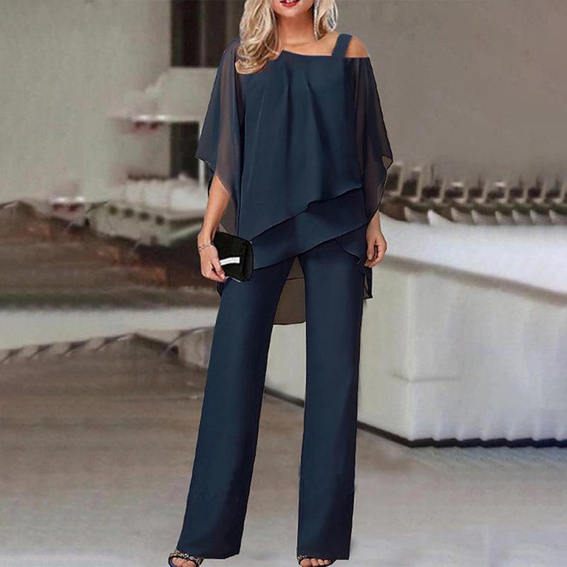 "Women's Solid Color Bat Sleeve Trousers and Irregular Casual Suit"