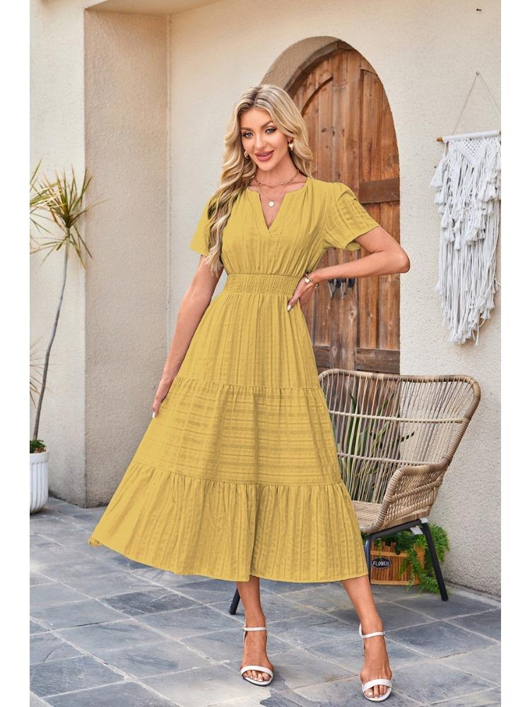 Short Sleeve V-Neck Tiered Ruffle Hem Midi Dress