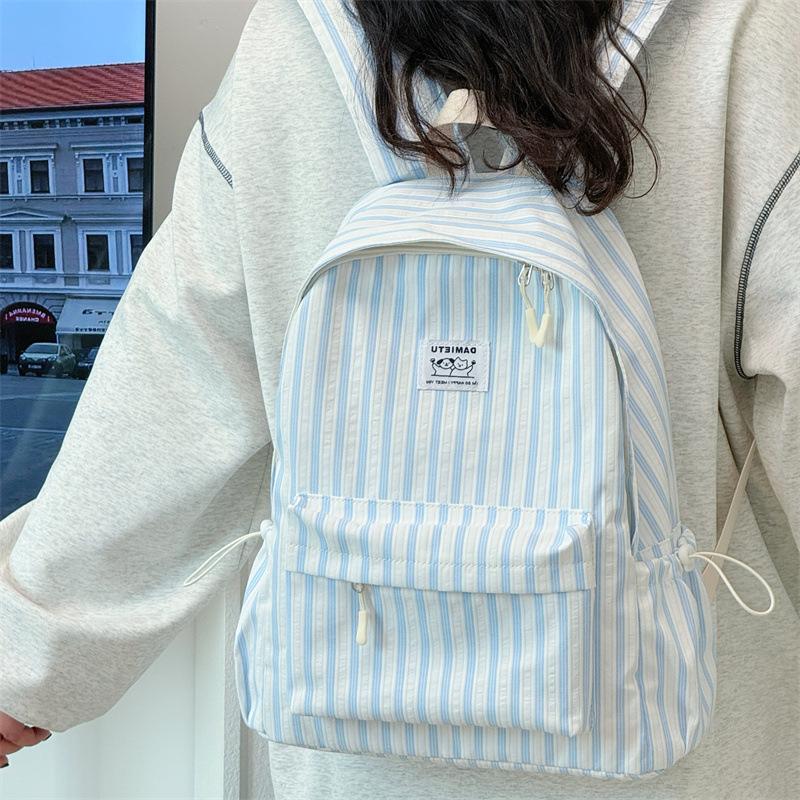 Schoolbag Korean simple solid color striped computer bag backpack college student high school campus large capacity striped commuter schoolbag