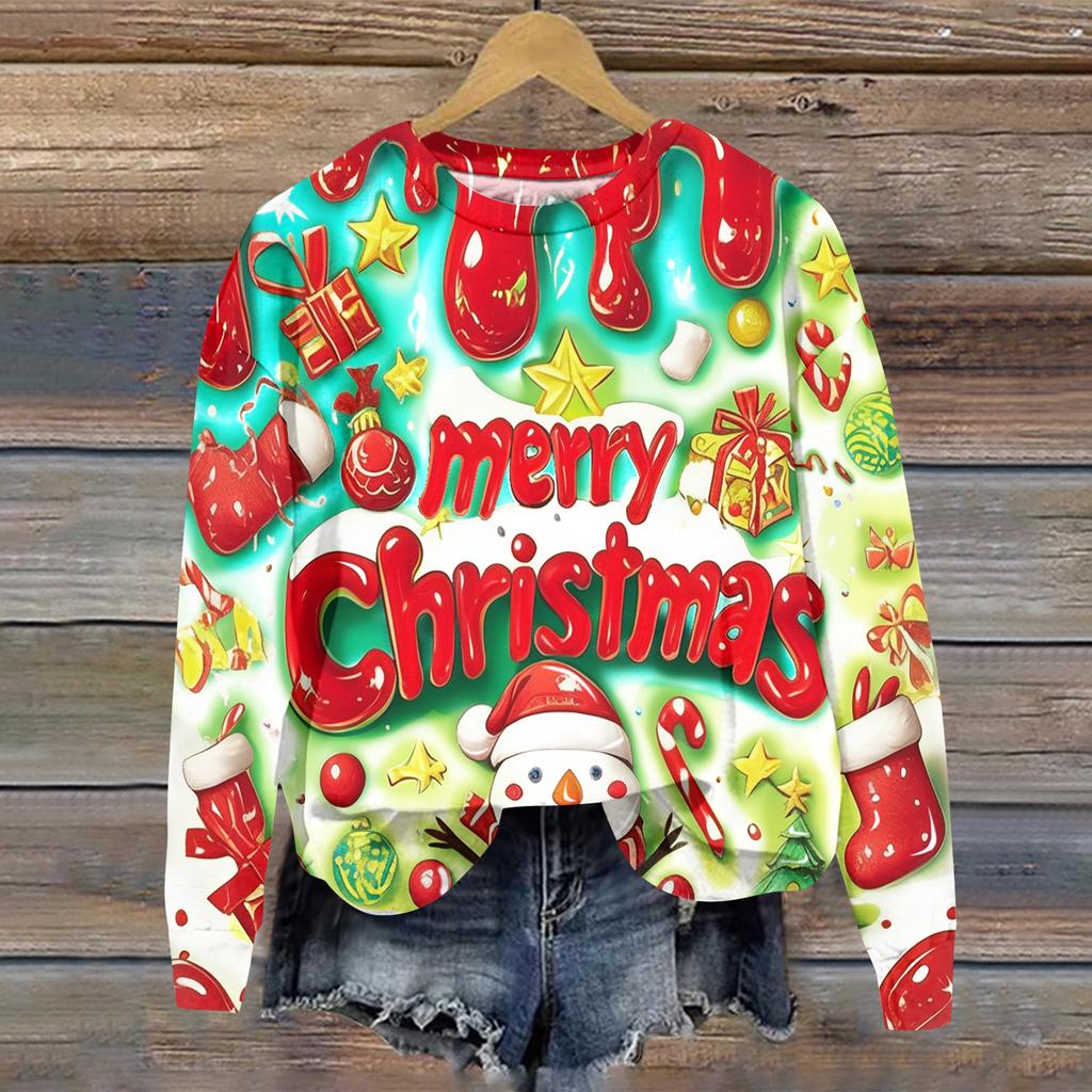 Ladies' Christmas Printed Long Sleeved Round Neck Hoodie Loose Top