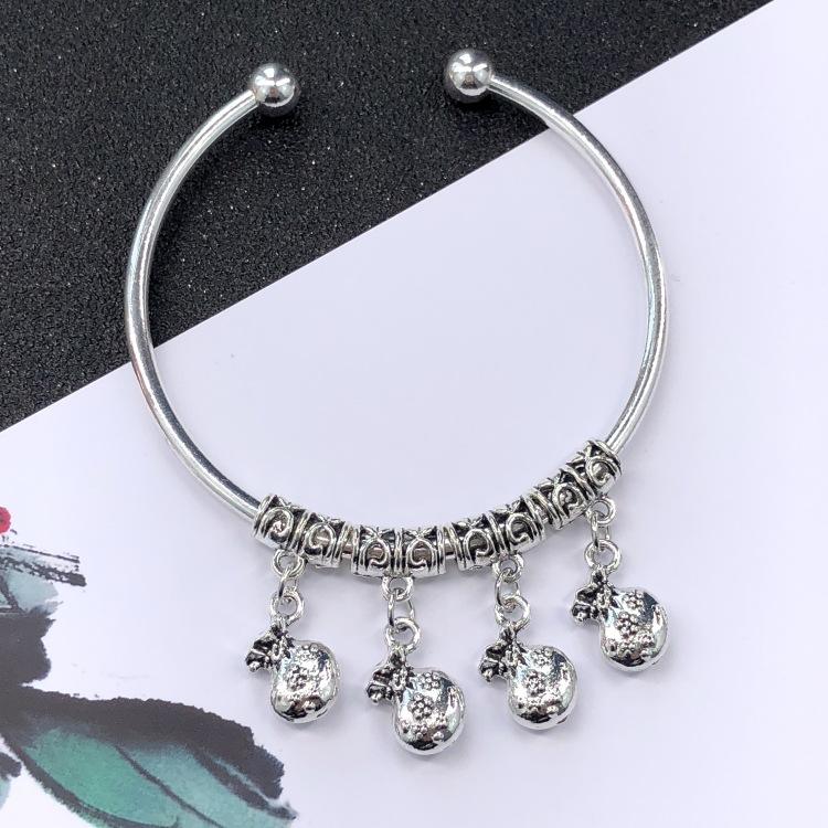 Retro Ethnic Style Tibetan Silver Bracelet Women's Versatile Fashion Bell Flower Pendant Adjustable Bracelet with Accessories