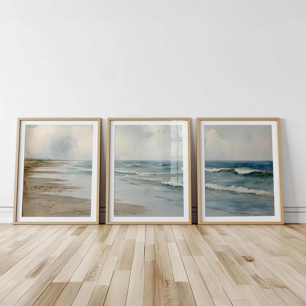 Aquarell Neutraler Strand Leinwand Wandkunst Set, Sanfte Küsten Ozeanwellen Drucke, Minimalistisches Boho Wohnzimmer Schlafzimmer Haus Dekor
