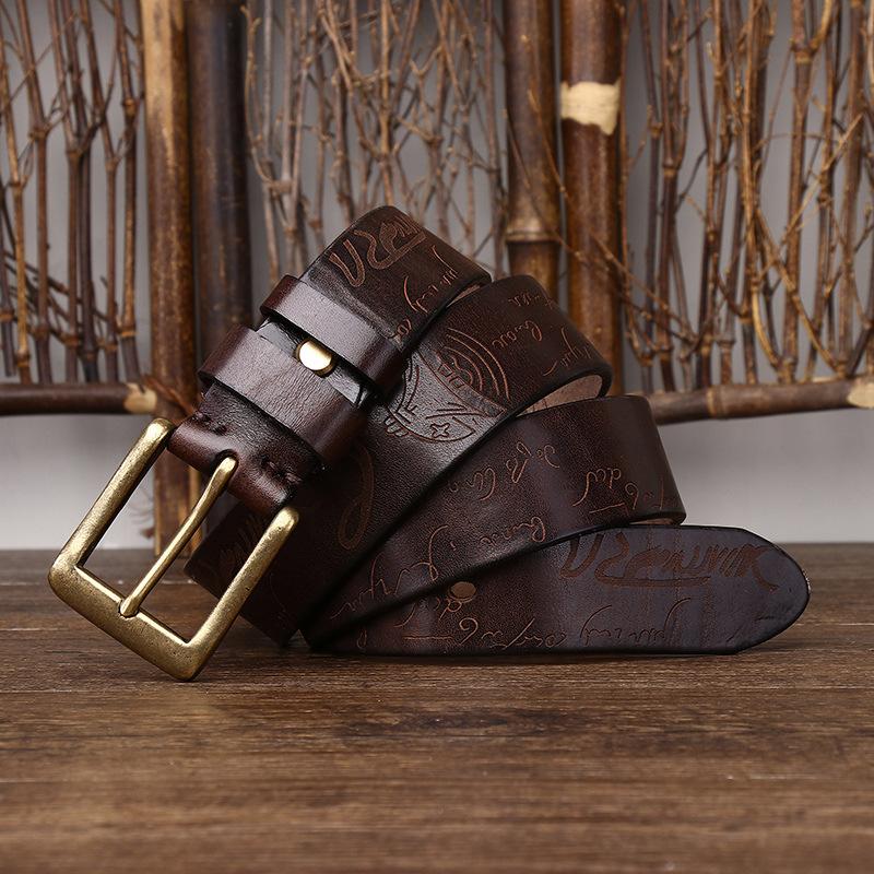 Retro Handmade Laser Engraved Pattern Men'S Belt Men'S Personality Trend Versatile Leather First Layer Cowhide Belt