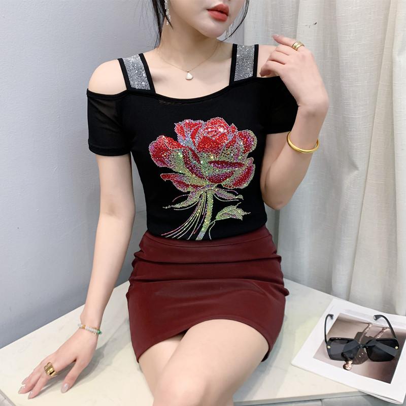 Streetwear Girl Summer Chic Clothes Mesh T-Shirts Shiny Flower Hot Diamonds Women's Tops New Sexy Off Shoulder Short Sleeve Tees