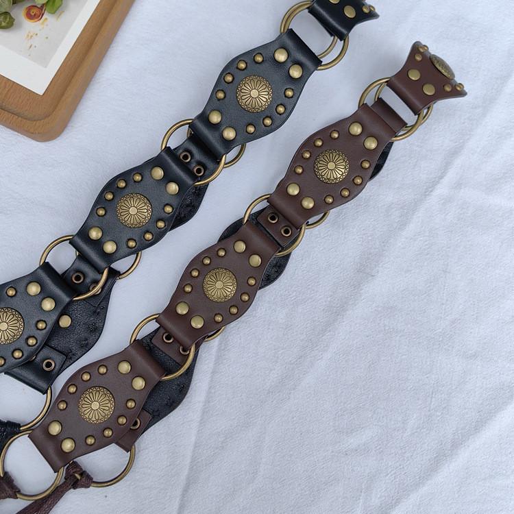 Vintage Spliced Carved Western Style Pu Leather Belt For Women Summer