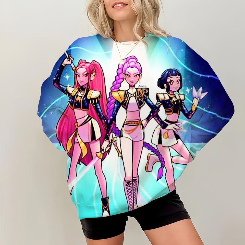 KPop Demon Hunters Print Pullover Sweatshirts Casual Long Sleeve Crew Neck Sweatshirts Fall Winter Women's Clothing