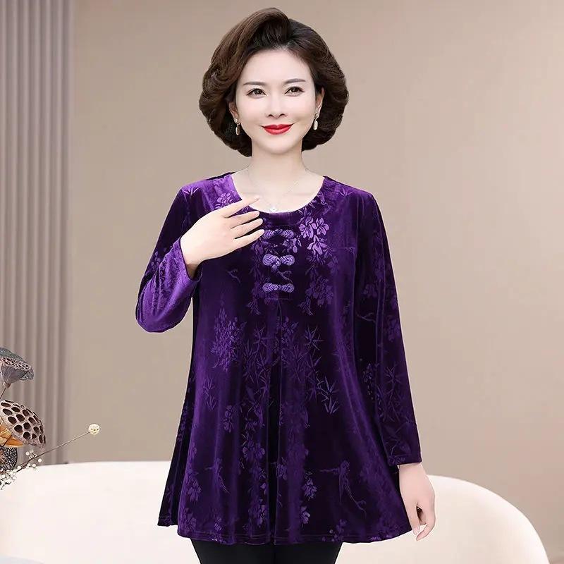 Large Size Gold Velvet Spring and Autumn T-shirt Long-sleeved Middle-aged and Elderly Women's Plus Fat