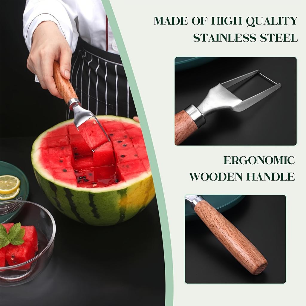 D5 Watermelon Cutter with 5 Forks, Stainless Steel Watermelon Slicer with Beechwood Handle, BBQ Cutting Tool Fruit Fork Cutter