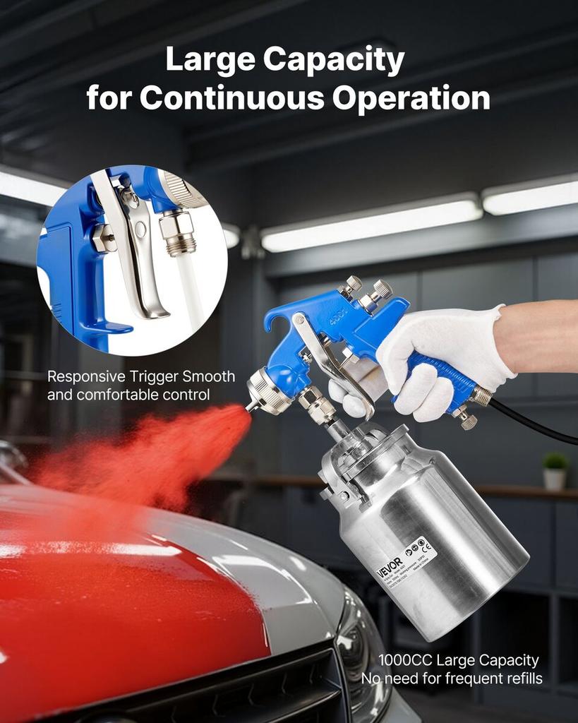 Siphon Feed Spray Gun, High Atomization Air Paint Spray Gun, 1000cc Automotive Paint Sprayer with 1.8 mm Nozzle, Adjustable Flow Rate & Air Volume for