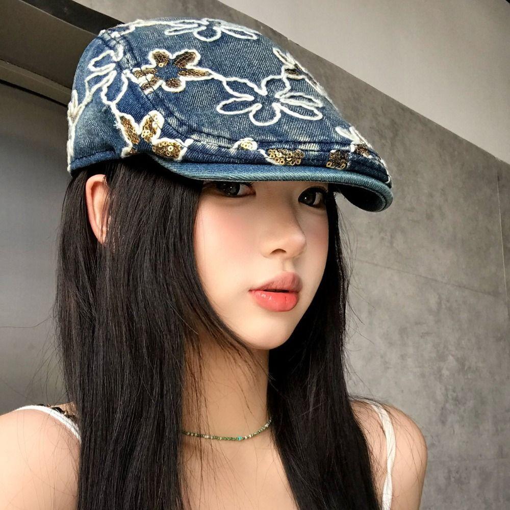 Ethnic Style Embroidery Flower Forward Hat Y2k Glitter Beret Casual Cadet Cap  Outdoor