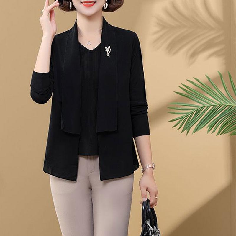 

Однотонная рубашка, имитация двух частей, повседневная, пэчворк, весна-осень, V-образный вырез, длинный рукав, модная брошь, свободная блузка XL чёрный