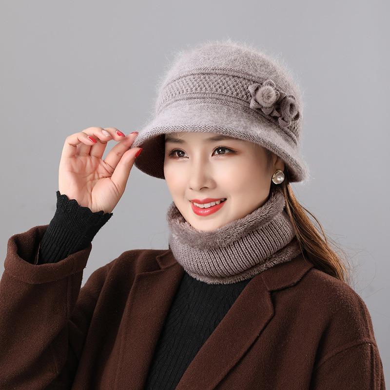 Mom hat autumn and winter velvet warm women's scarf two-piece set knitted thread hat fashionable versatile wool basin hat