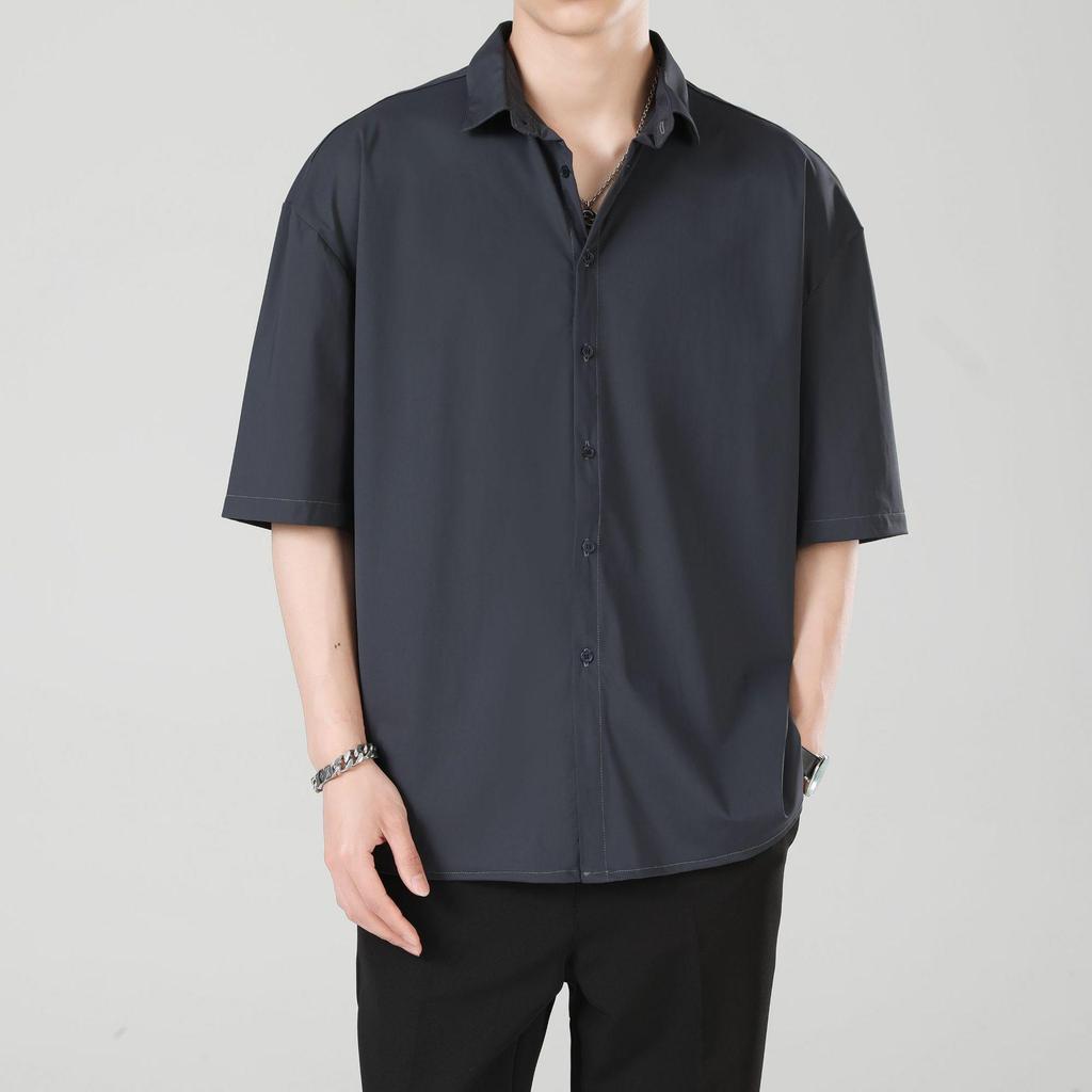 Męska letnia koszula z krótkim rękawem Ice Silk w kolorze czarnym Męska koszula z wysokiej jakości modnej marki Ruffian Handsome Casual