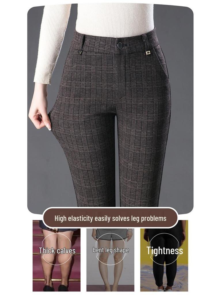High-Waisted Wool Plaid Slimming Pants for Autumn/Winter 2024 - Straight-Leg, Slim-Fit, Casual Wear for Middle-Aged Women.