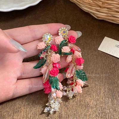 Super Fairy Temperament Long Fringed Flower Earrings Women's Zircon Stud Earrings