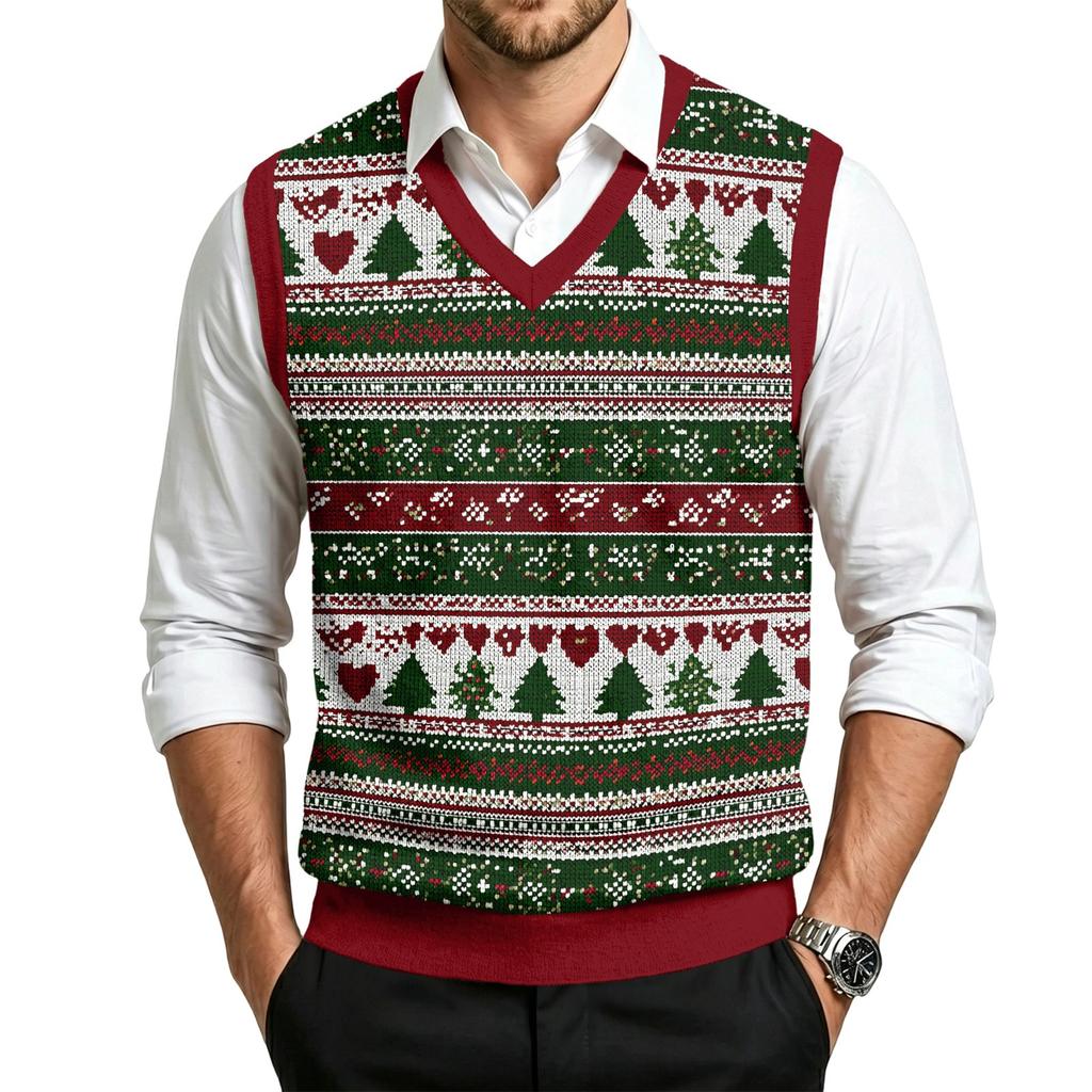 Men's V-Neck Sweater Vest Christmas Print Wool Knit Casual Sleeveless