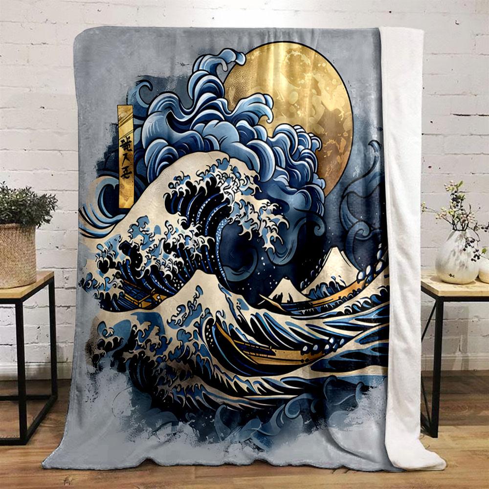 Golden Moon and Japanese Great Waves Print Blanket Soft and Cozy Perfect for the Living Room Bed Sofa or a Nap,gift