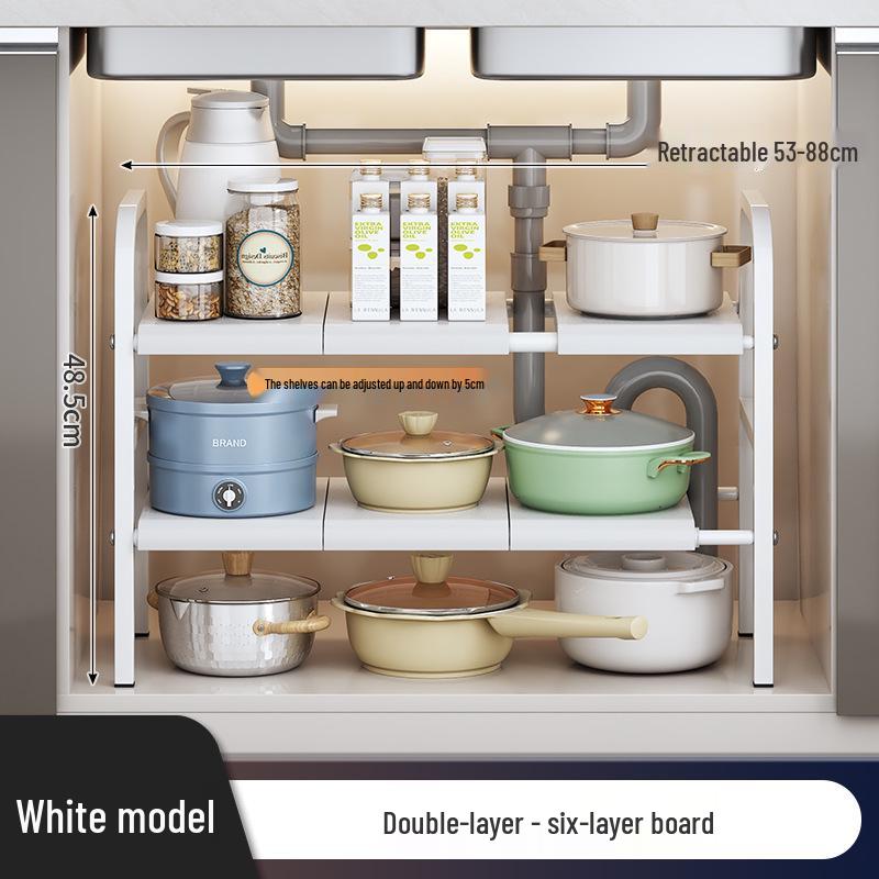 Rozšiřitelný kuchyňský úložný regál: Podumyvadlová police na organizér na nádobí