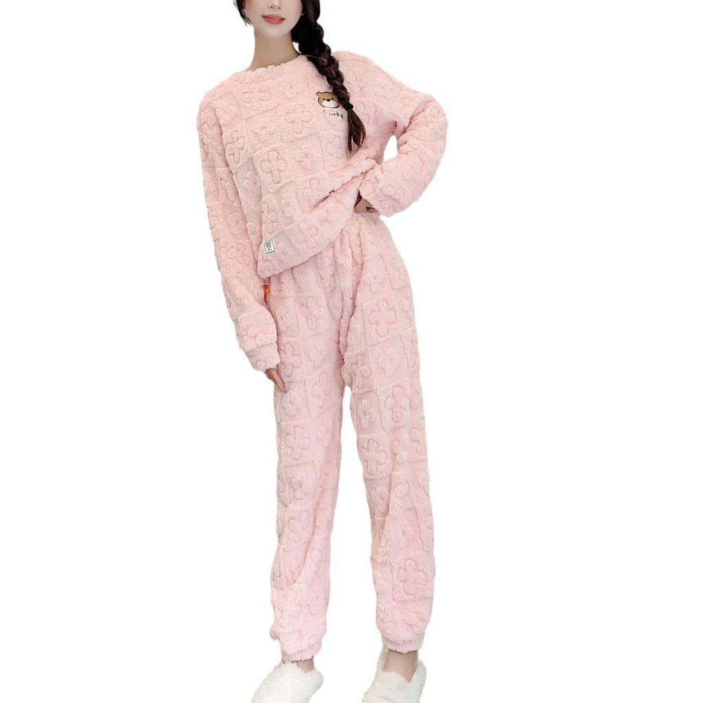 Autumn and Winter Women's Pajamas Home Clothing Set Women's Coral Velvet Thick Warm Clothing Winter Warm Pajamas Home Clothing Set