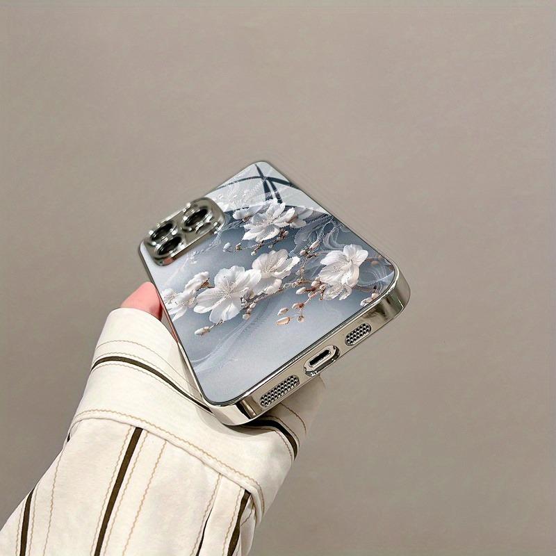 Stylish White Floral Electroplated Tempered Glass Phone Case For iPhone 17 16 15 14 13 12 11 Pro Max Plus 16E 17 Air Tpu Cover