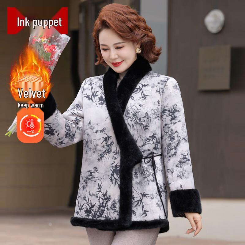 

Mo ou Women s Mid-Aged Winter Fleece-Lined Chinese Style Coat XL