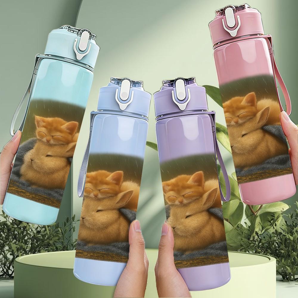1PC Lazy Cat Cushion Portrait 750ml Color Plastic Sports Water Bottle Leakproof Flip Straw Lid Suitable for Sports Office Home Use