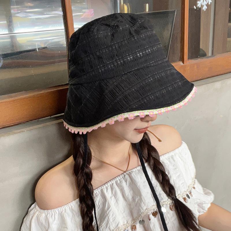 Sweet Floral Edge Bucket Hat Women's Summer Big Brim Showing Washbasin Hat Fashionable Versatile Sunshade Sunscreen Basin Hat