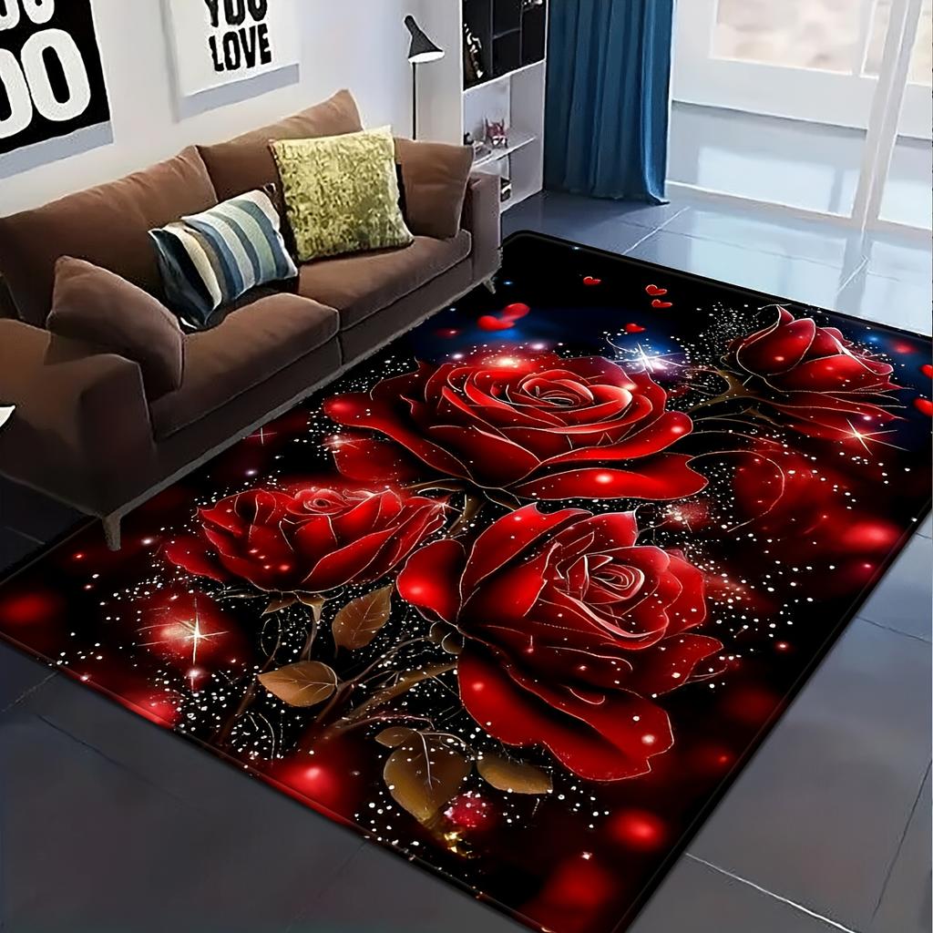 1pc Red Rose Carpet - Elegant Square Suitable for Bedroom & Living Room Decor, Soft Shaggy, Machine Washable Indoor Carpet, Romantic Red Ros