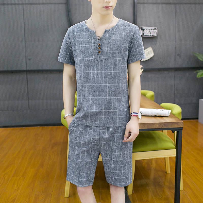 

Летний костюм в клетку, мужская футболка, короткие рукава, мужские шорты, повседневный спортивный костюм, большой размер, 2 шт. M