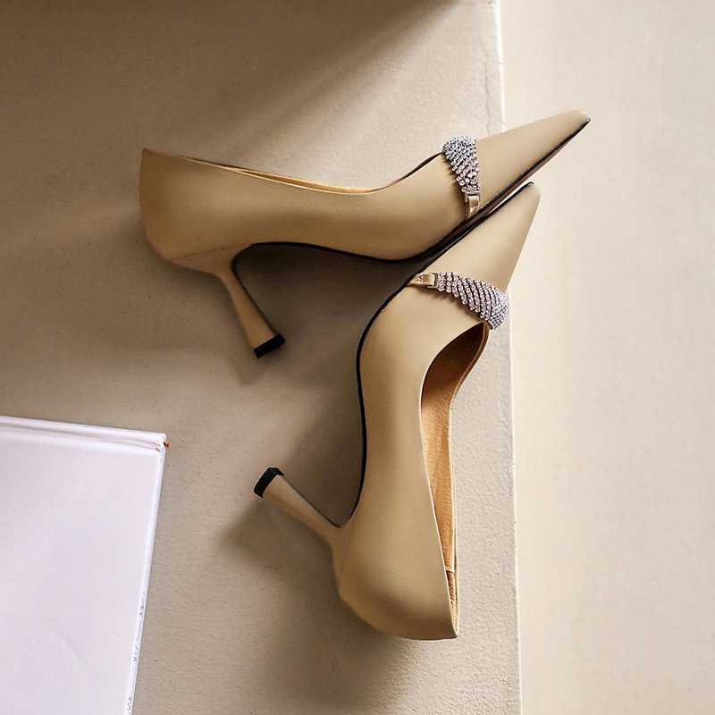 Cow Leather Pointed Toe High Heels Rhinestone Women Pumps
