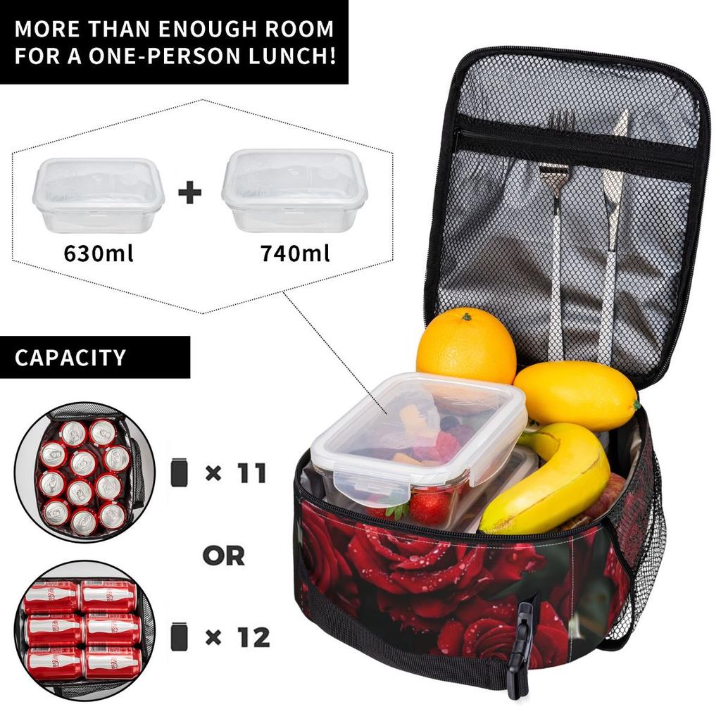 Red Rose Floral Design Insulated Lunch Bag for Women Kids Portable Food Boxes Thermal Lunch Box Tote