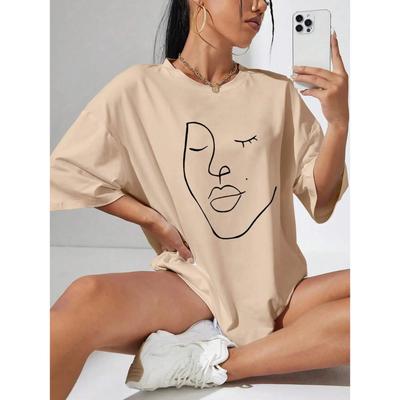 Simple Line Pattern Women's Face Printing Tees Cotton Women T-Shirts Casual Soft Short Sleeve Tops Loose Comfortable Clothes