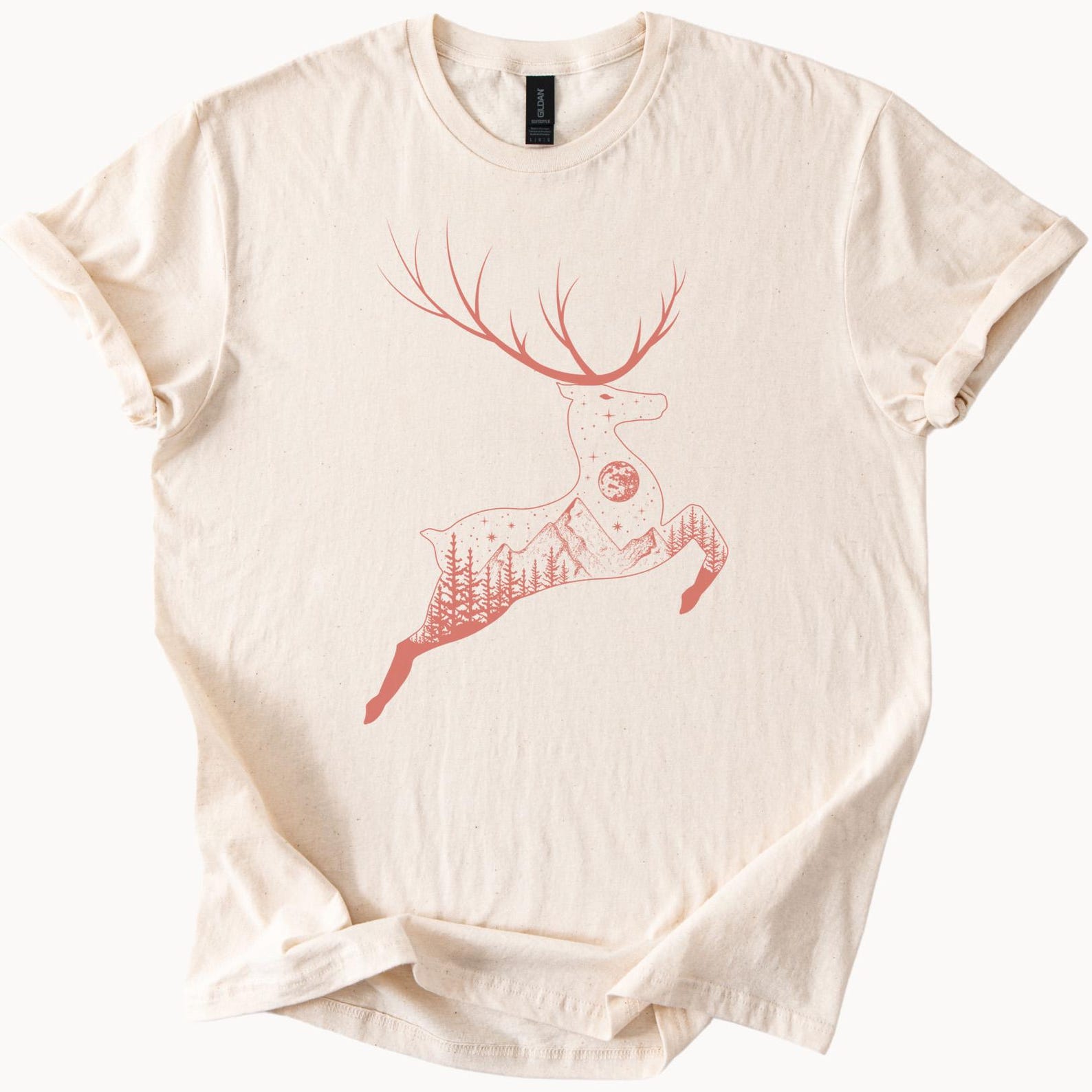 Deer Forest Mountain Nature Graphic Tee Wilderness Wildlife Outdoors Adventure Shirt Celestial Moon Stars Art TShirt 110
