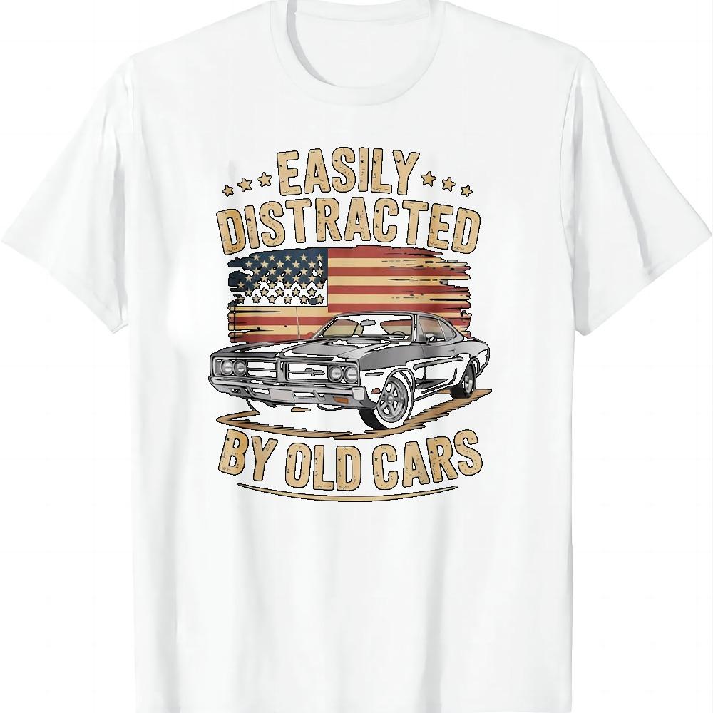 Easily Distracted By Old Cars Classic Car Guy Funny Vintage T-Shirt Summer Streetwear Tops Vintage Clothes Unisex