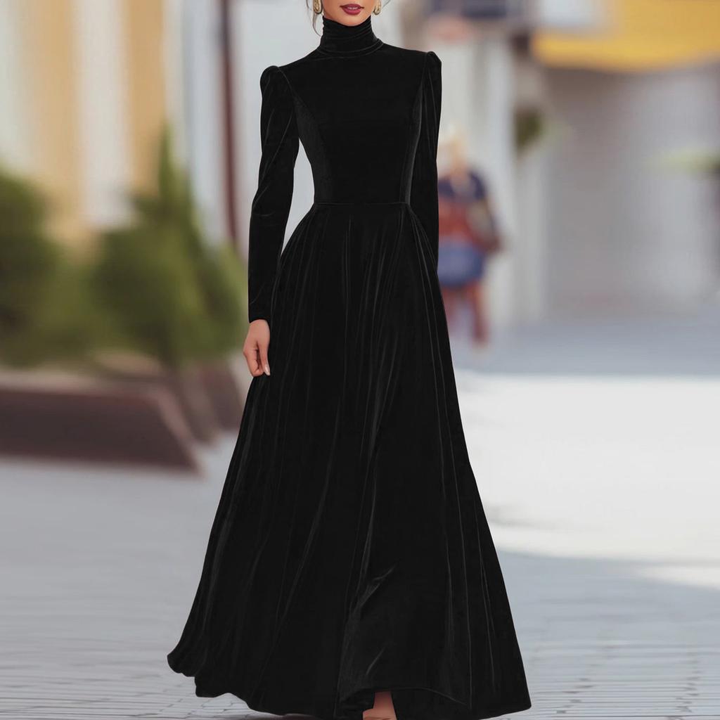 Women's Velvet High Neck Dress with Fitted Waist and Flared Skirt for Elegant Occasions