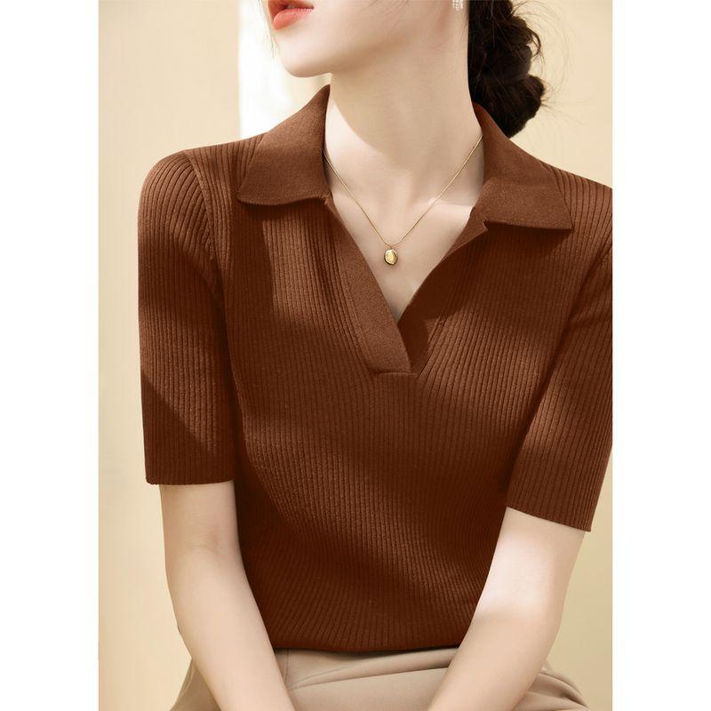 

Lyocell Tencel Sunken Stripe Silm Shoulder Tops Summer Thin Half Open Flip V-neck Short Sleeve Ice Silk Sweater Women