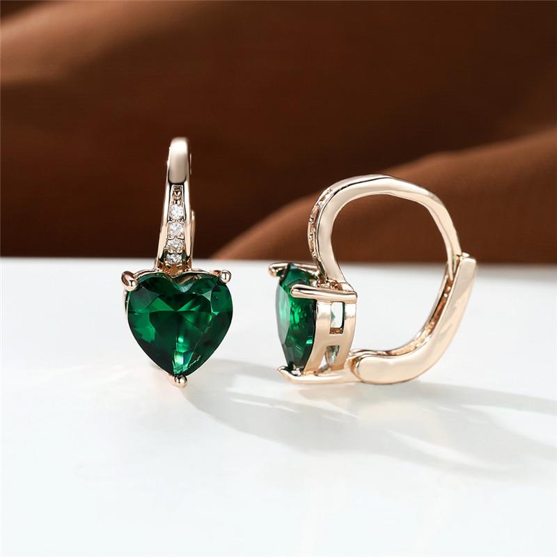 Crystal Female Green Purple Zircon Stone Clip Earrings Vintage Gold Color Love Heart Wedding Jewelry For Women