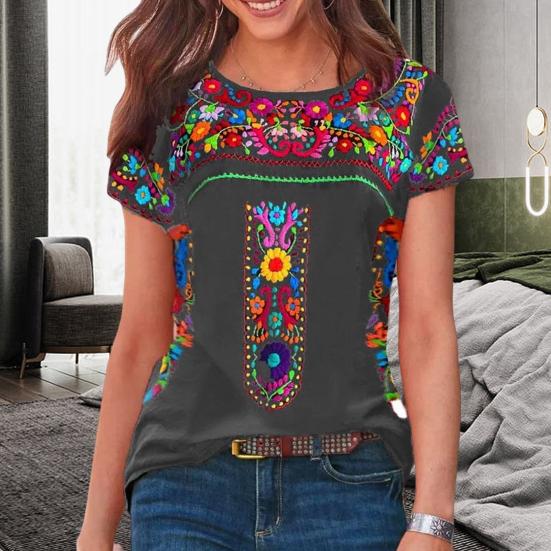 O-neck Short Sleeve Loose Fit Women T-shirt Vintage Boho Ethnic Floral