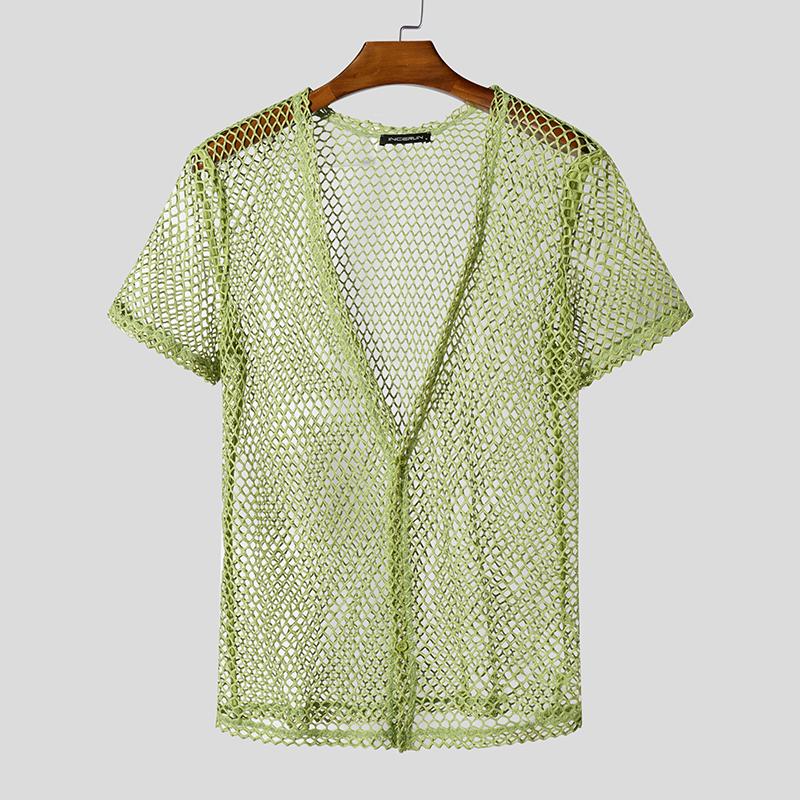 

INCERUN Летние мужские рубашки с коротким рукавом и одной пуговицей, пляжные рубашки с открытыми плечами 4XL зелёный