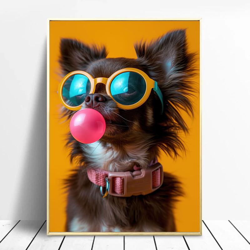 Fun And Funny Cute Dog Wearing Glasses And Blowing Bubblesr Art Poster Canvas Prints Mural Living Room Bedroom Home Decoration