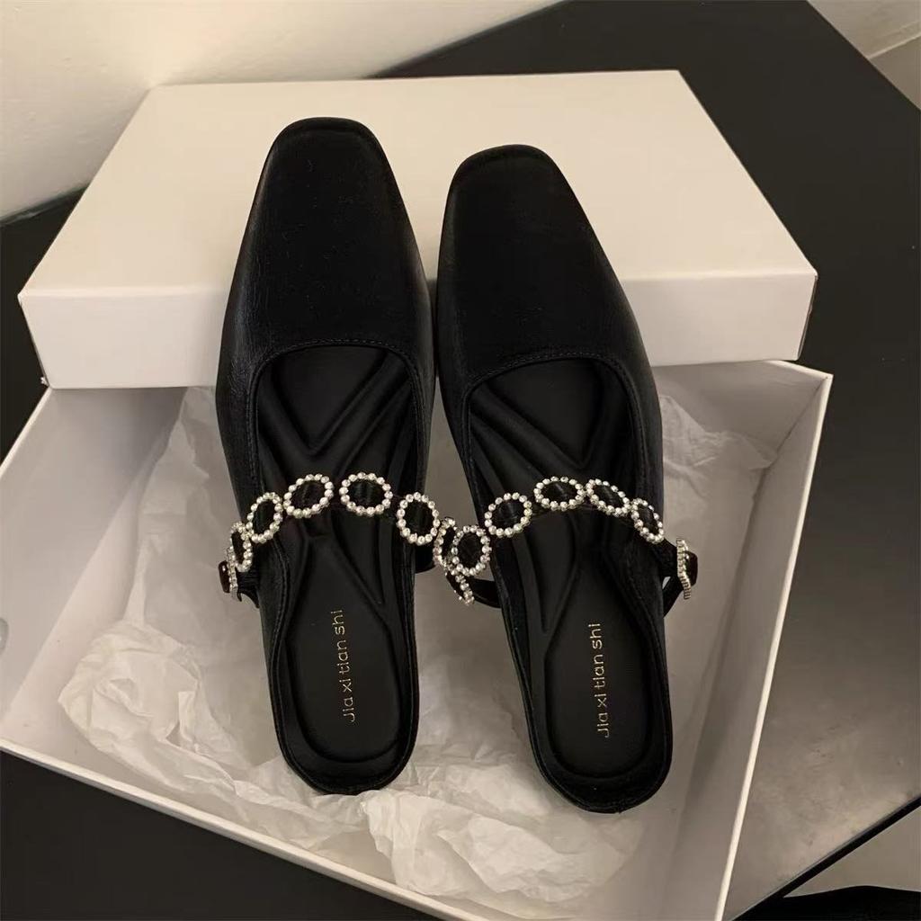 Temperament 2025 Wind Bag Head Drag Word French Rhinestone Height Increase In Spring and Autumn Shallow Mouth Mary Jane Shoes Square Head Fairy