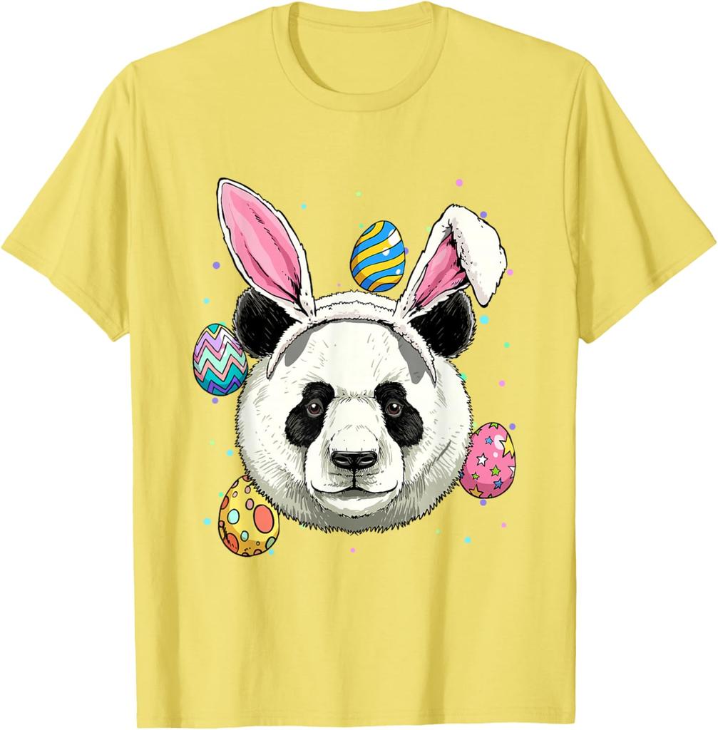 Panda Easter Bunny Ears Eggs Graphic Print Cotton Round Neck T-Shirt Casual Trip Tee