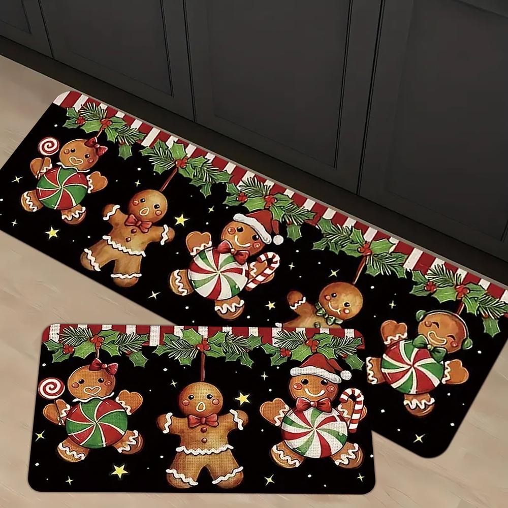 Set Christmas Kitchen Floor Mats Non Slip Washable Gingerbread Man Candy Runner Rug for Family Xmas Holiday Decor