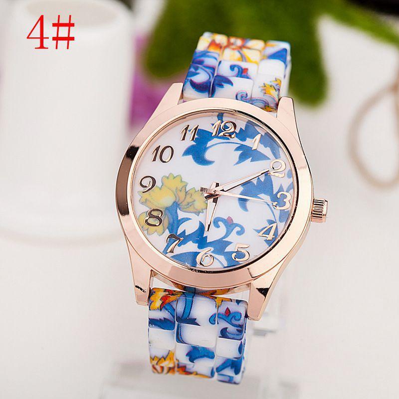 Fashion Geneva Silicone Watch Floral Print Quartz Wristwatch Women