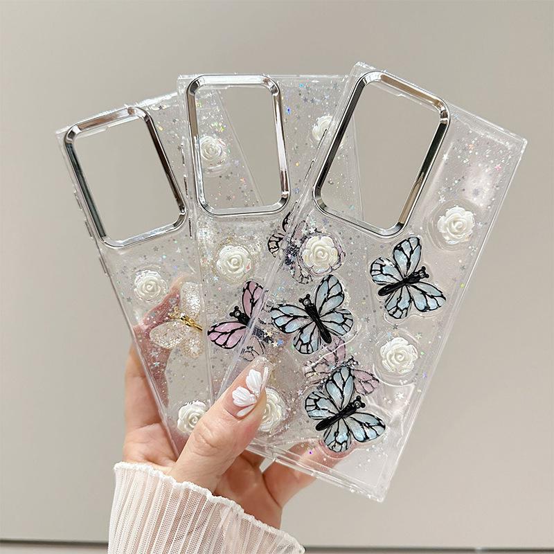 Three-Dimensional Advanced Sense Rose Butterfly Epoxy Mobile Phone Case For Samsung S25Ultra Transparent S24 Glitter A16