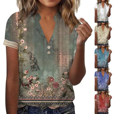 Women's Top Loose Casual V-Neck Lace Sleeve T-Shirt Short Sleeve Floral Print Top